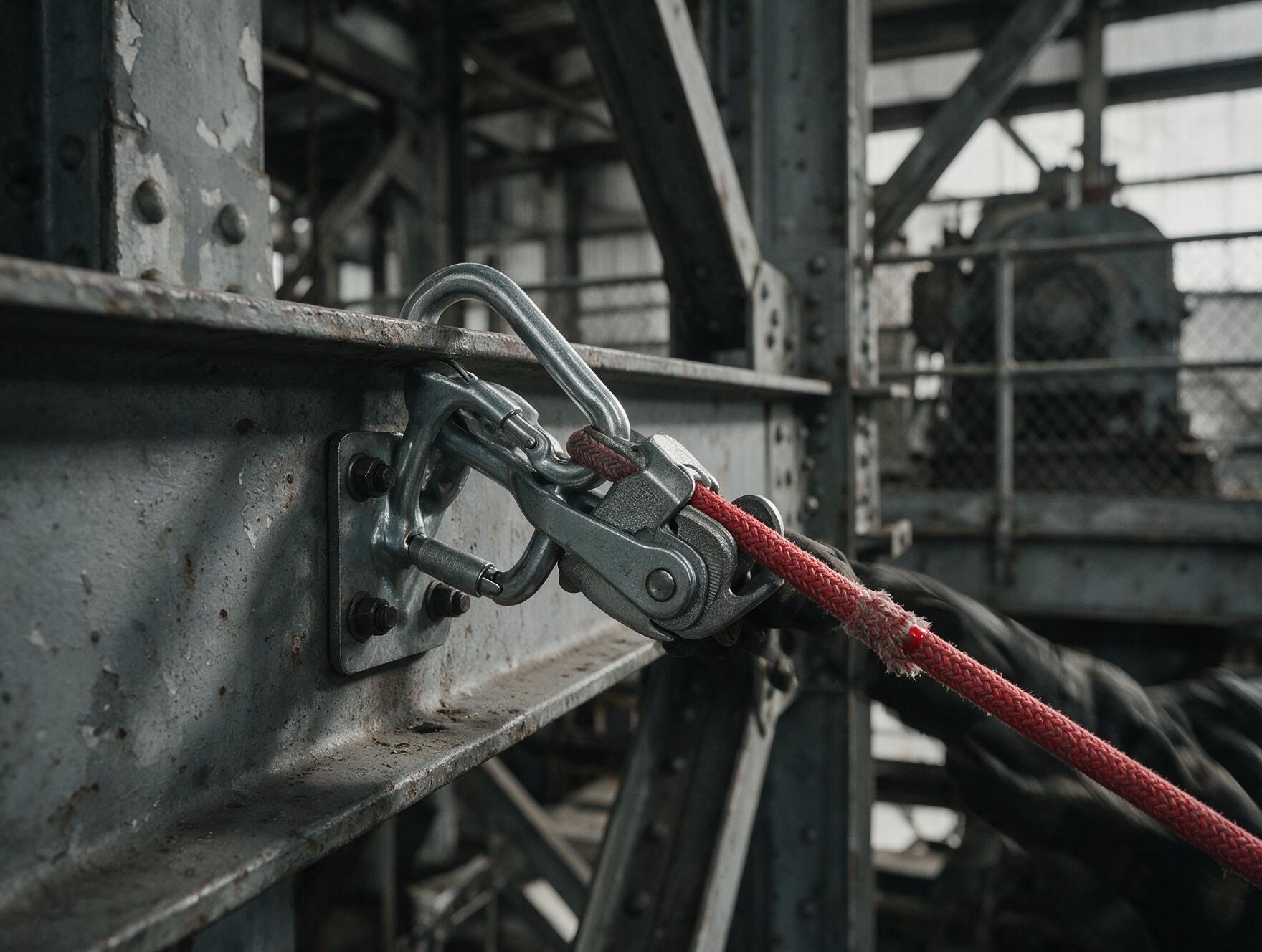 Ancrage et corde en tension sur une structure industrielle