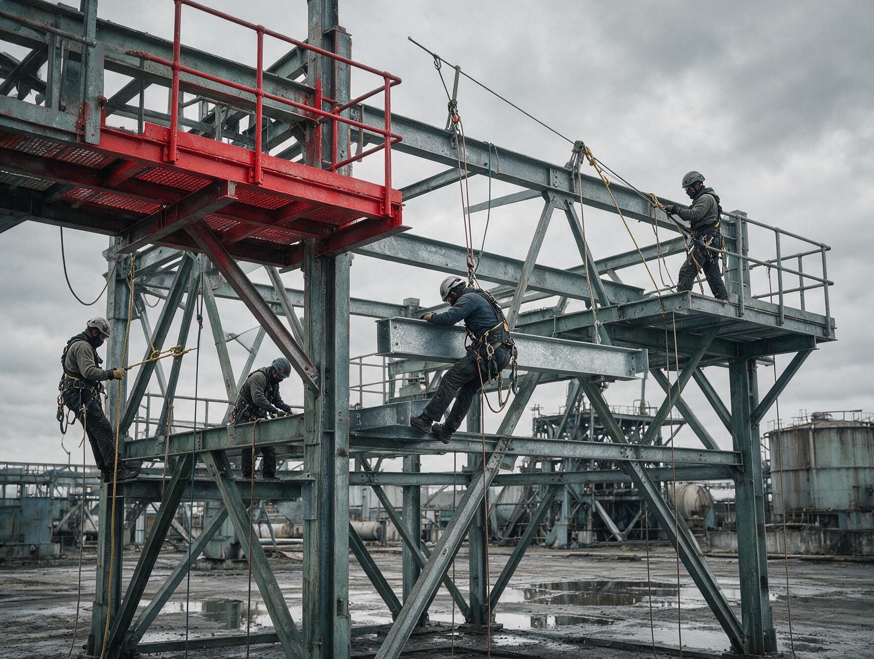 Équipe cordiste en intervention coordonnée sur une structure complexe