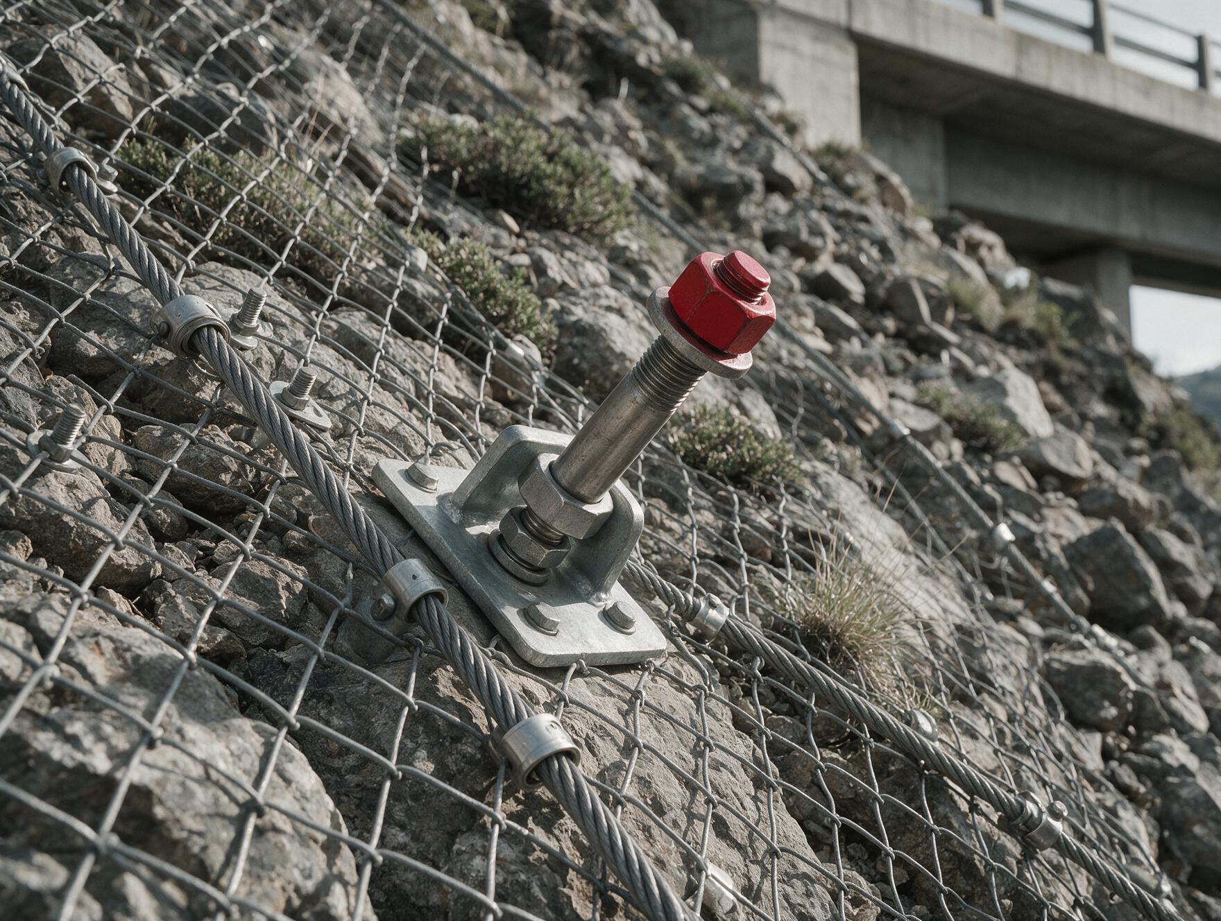 Système d'ancrage fixé dans un talus rocheux près d'un ouvrage d'art