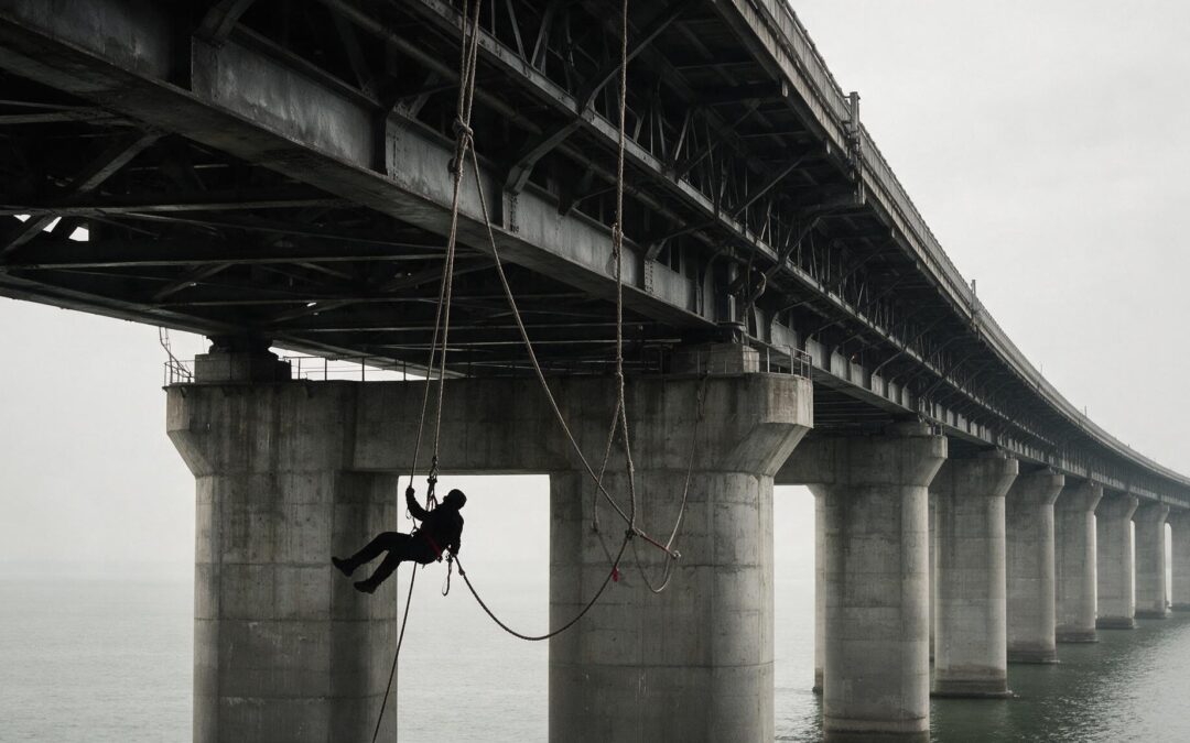 Technicien en suspension sous le tablier d'un pont ou le long d'une pile d'ouvrage d'art