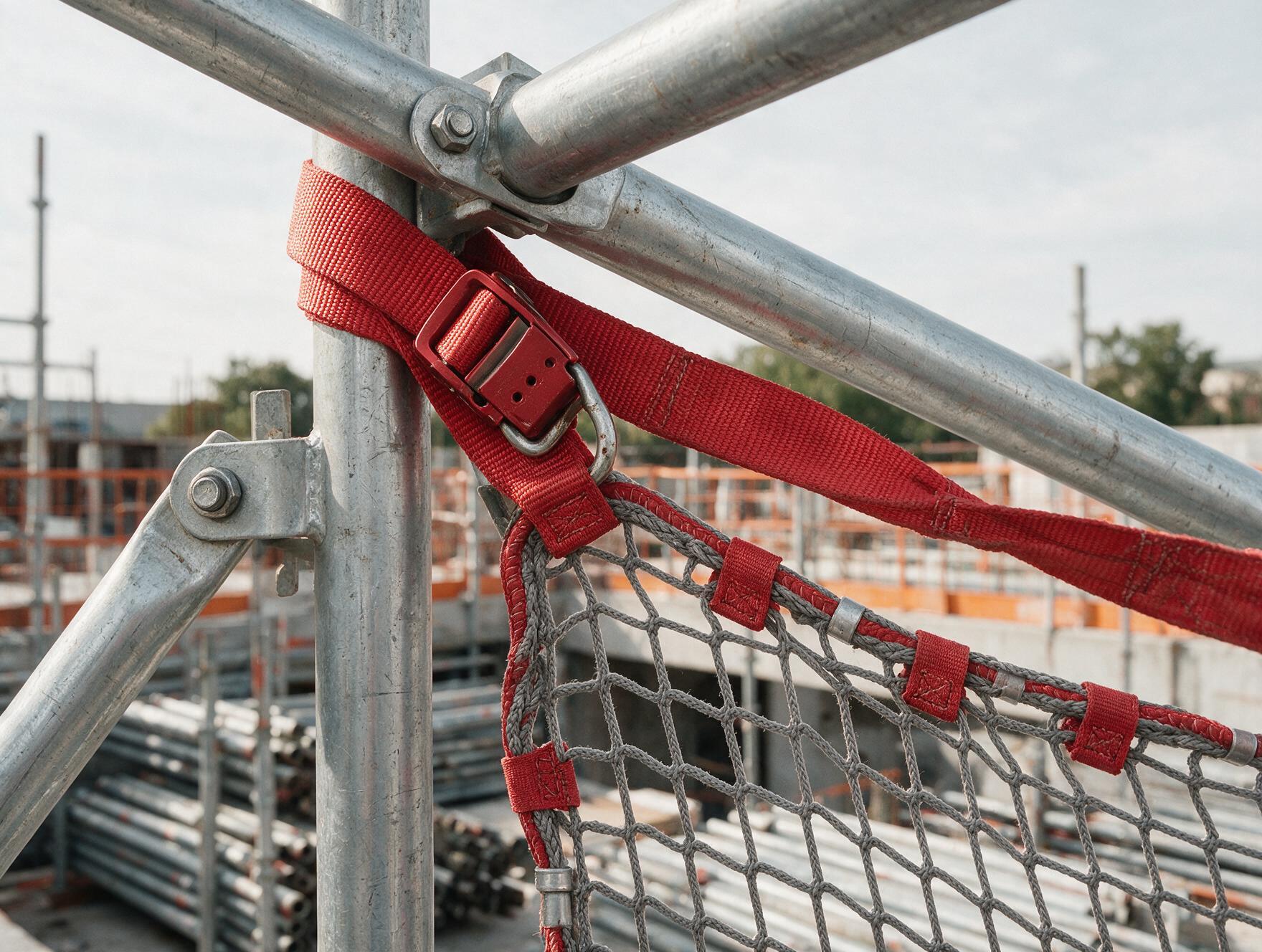 Détail d'un filet anti-chute fixé sur une charpente métallique industrielle