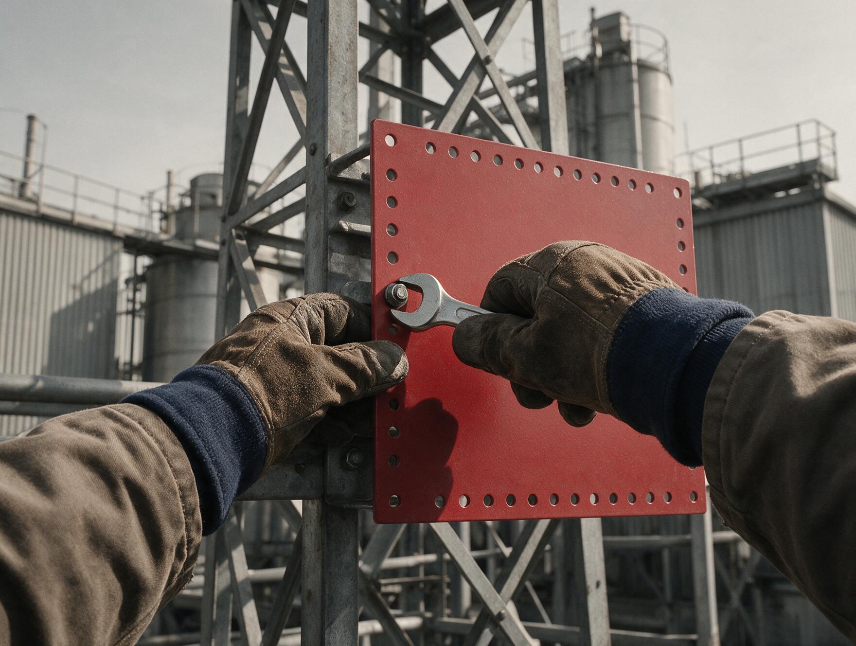 Pose d'un panneau de signalétique en hauteur sur structure industrielle