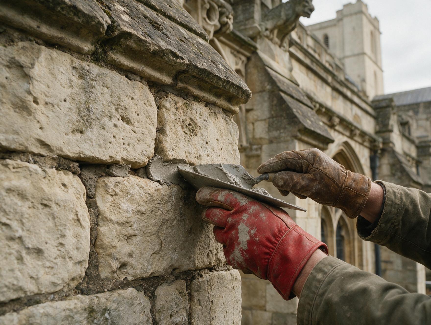 Geste précis de rejointement sur une pierre ancienne de cathédrale