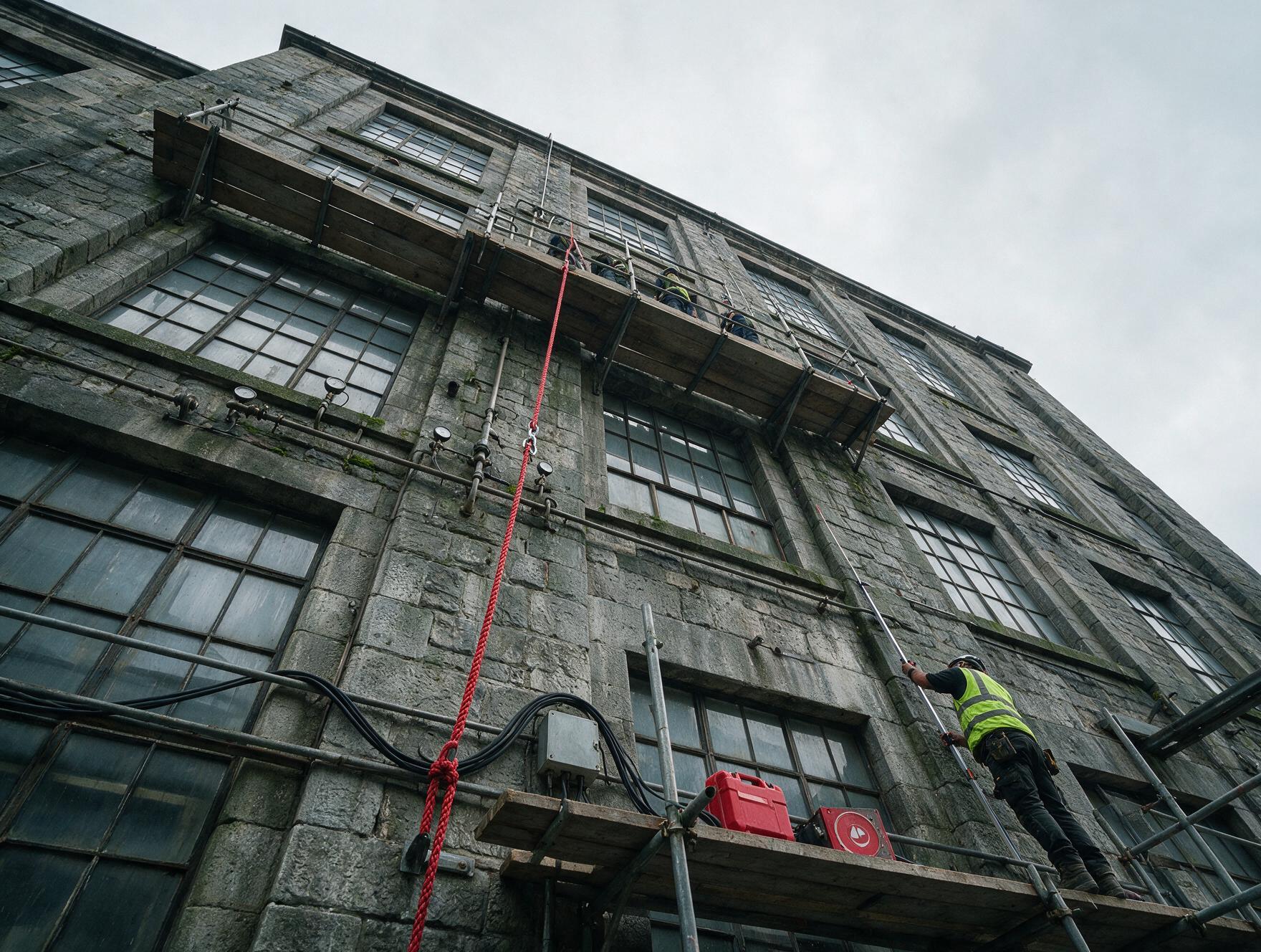 Vue en plongée sur une façade lors d'une inspection technique