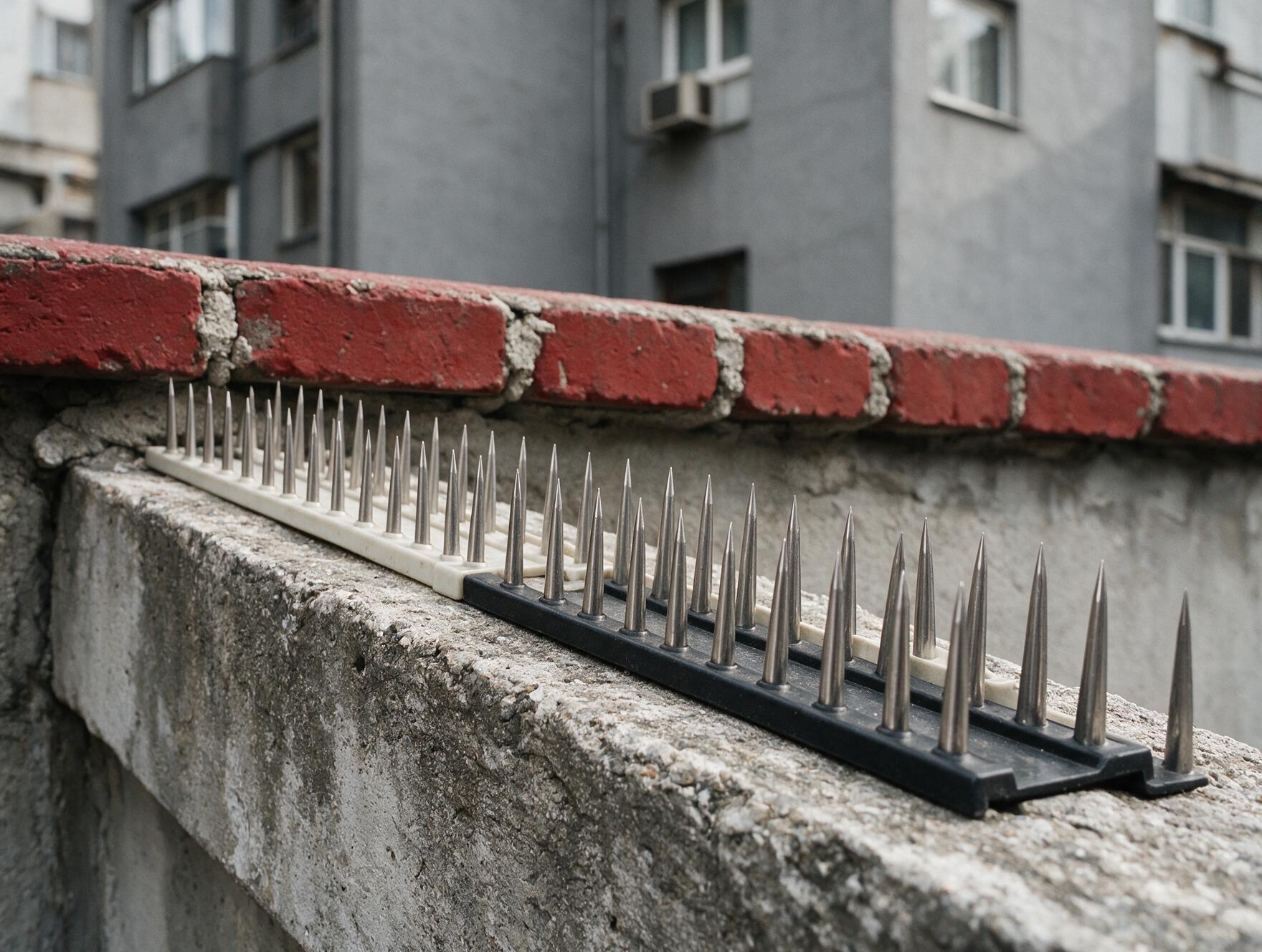 Détail d'un dispositif anti-pigeons installé sur une corniche urbaine