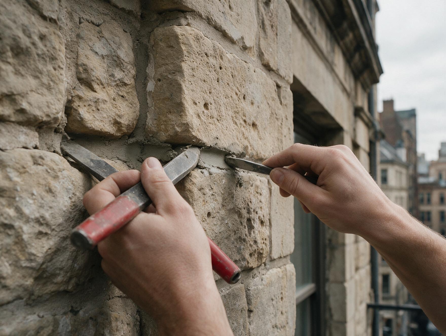 Geste précis de rejointement de maçonnerie sur une façade urbaine