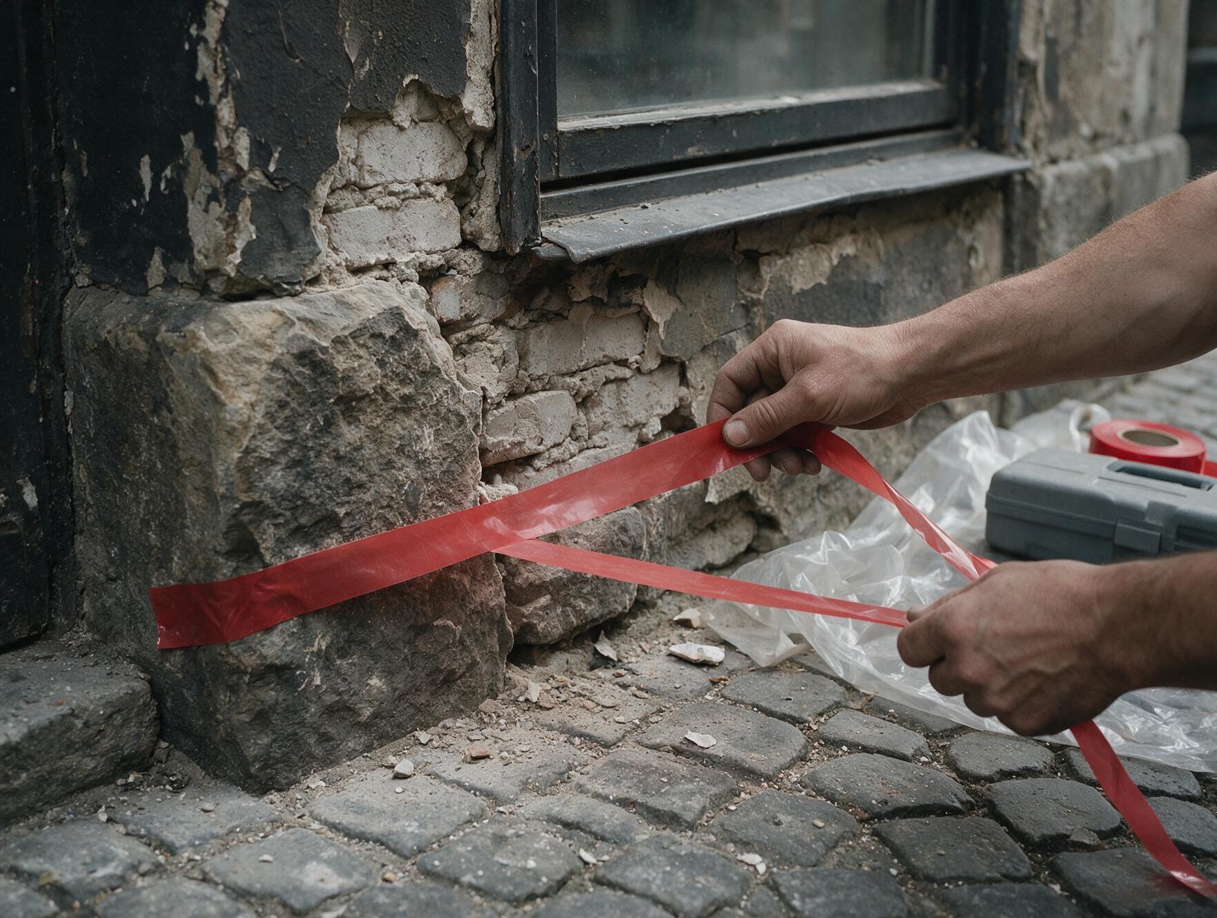 Mise en place d'une protection provisoire en bas de façade lors d'une intervention d'urgence
